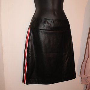 Black Vegan Leather Skirt w Red & Wht Side Stripes